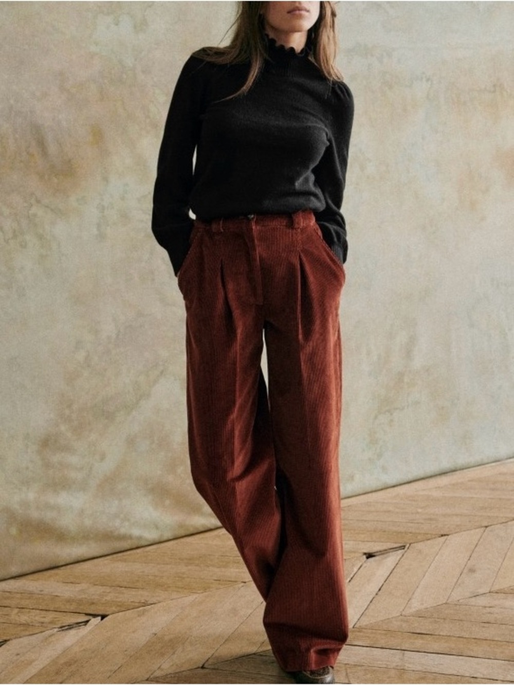 Sezane Rust Corduroy Wide-Leg Trousers